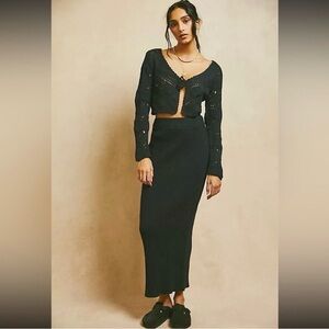 Free People Beach Knit Crochet Sweater Skirt Set Crop Top Cardi